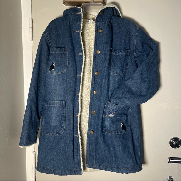 🐈⬛Cat Denim Sherpa Lined Embroidered Coat - Picture 2 of 16